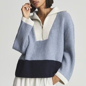 Reiss Colorblock Ribbed Half‑Zip Sweater in Light Blue, Navy & Cream